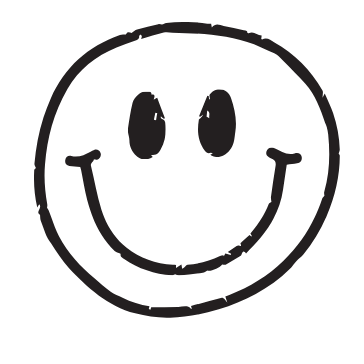 A minimalist black hand-drawn smiley face with oval eyes and a curved smile on a solid white background.
