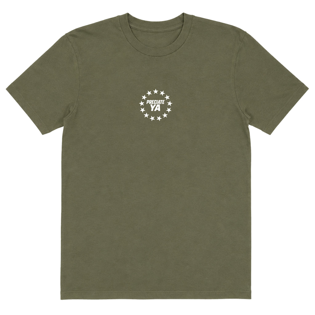 "Be Grateful. Work Hard. Live Free." Tee Military Green