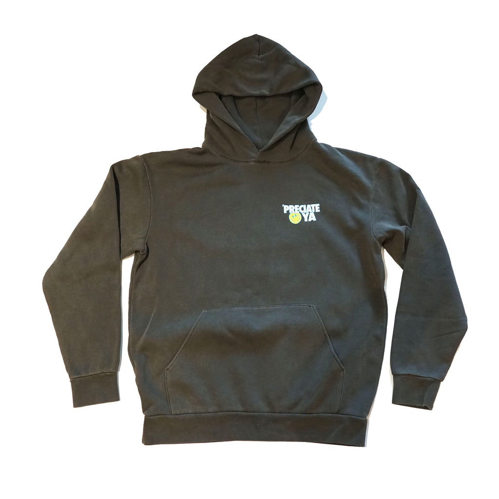 "Smiley Face" Heavyweight Black Garment Dyed Pullover Hoodie