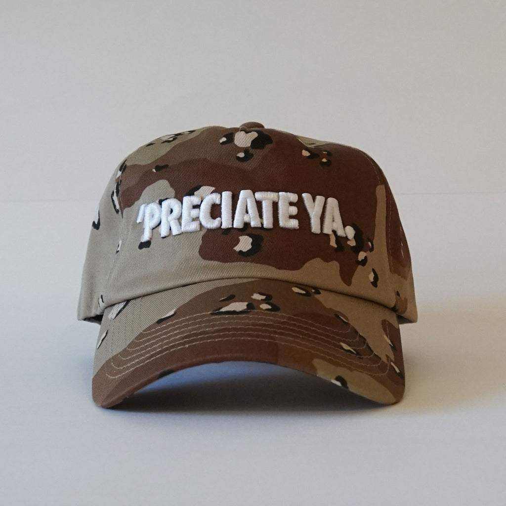 "PRECIATE YA." Snapback Desert Camo/White