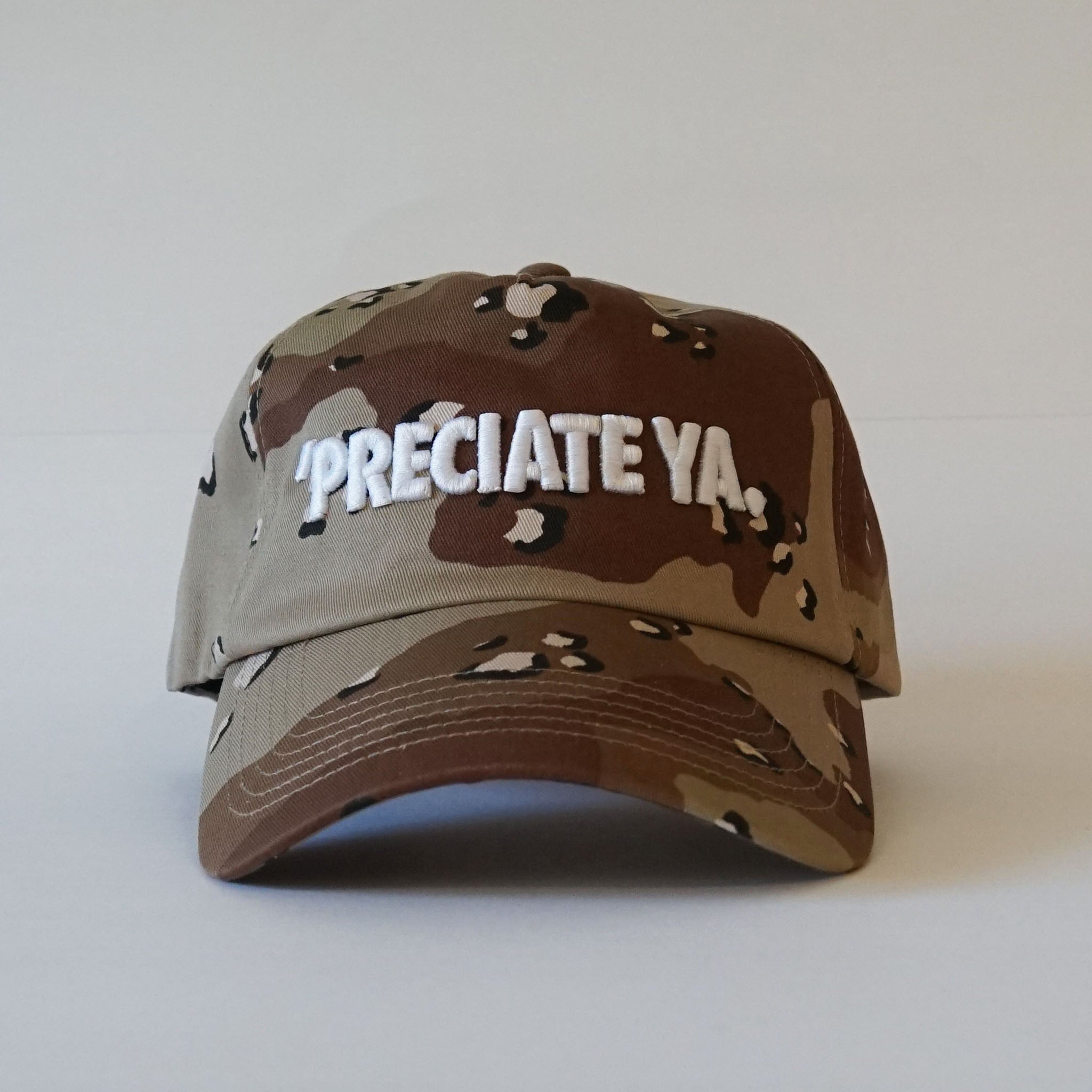 "PRECIATE YA." Snapback Desert Camo/White