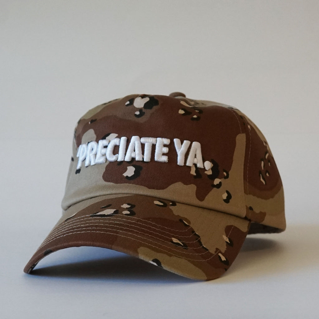 "PRECIATE YA." Snapback Desert Camo/White