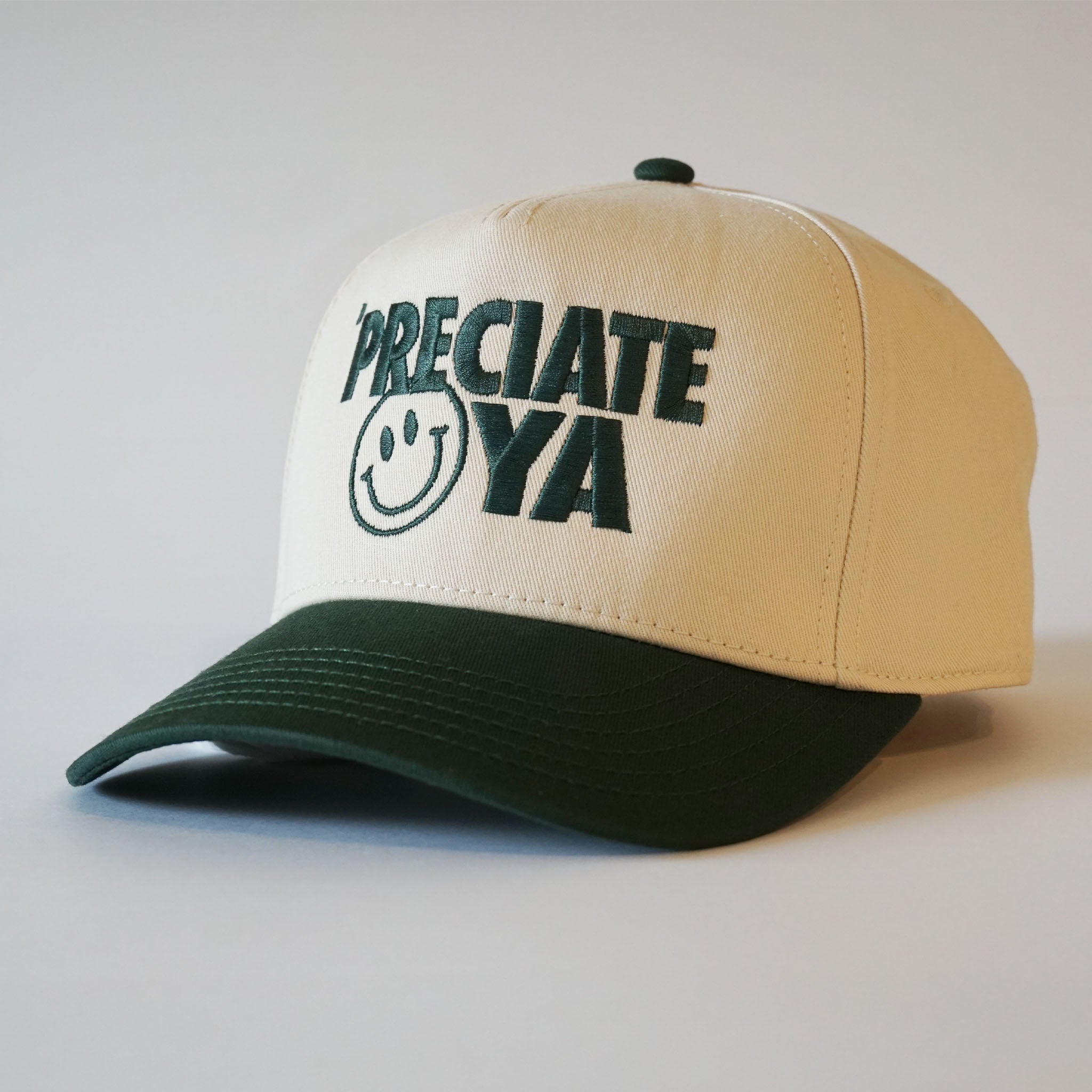 "Smiley Face" Natural/Dark Green Structured Snapback Cap