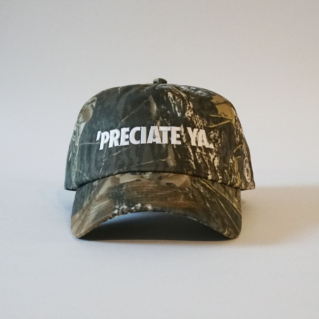 "PRECIATE YA." Snapback Camo/White