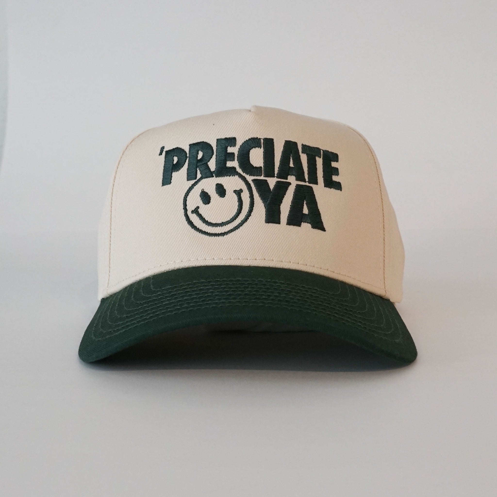 "Smiley Face" Natural/Dark Green Structured Snapback Cap