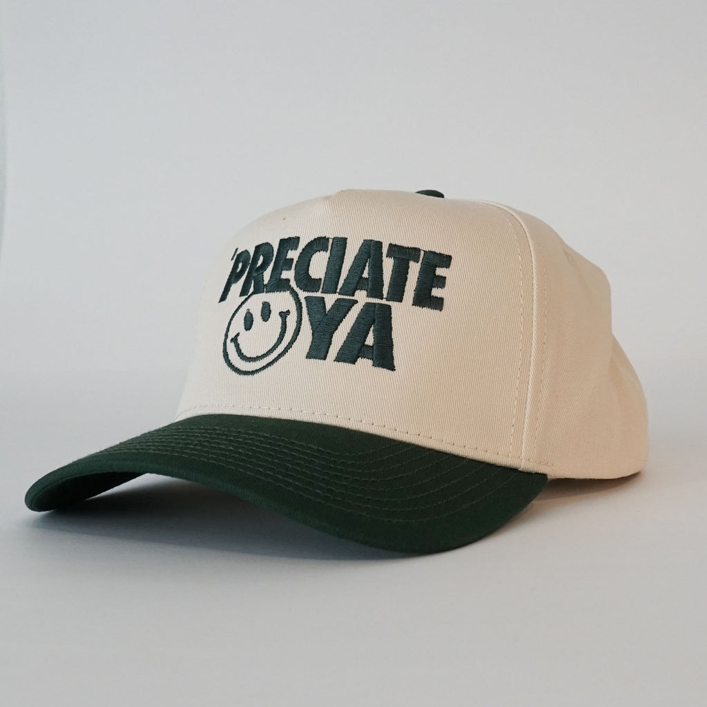 "Smiley Face" Natural/Dark Green Structured Snapback Cap